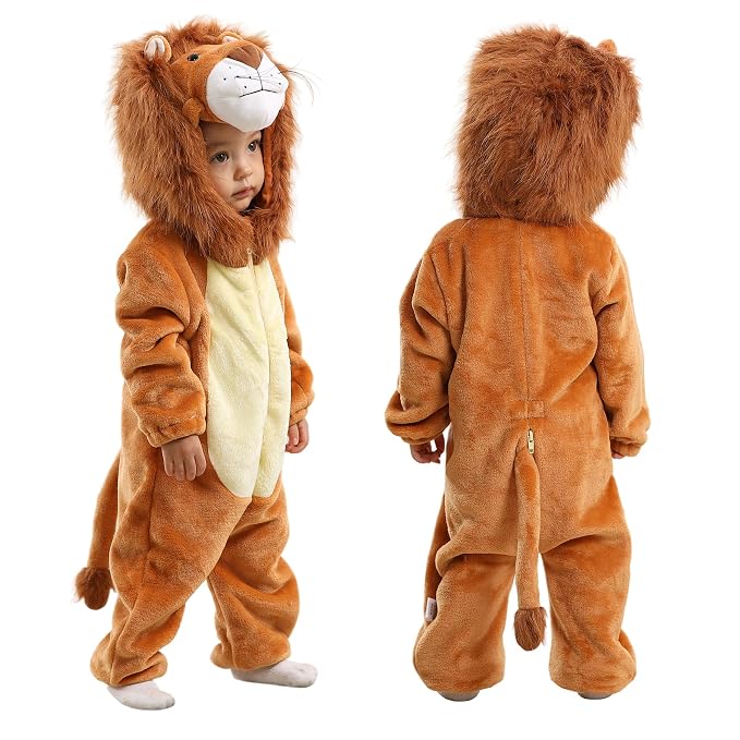Brown and cream baby lion romper with a fluffy animal hood