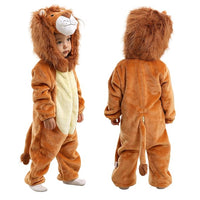 Brown and cream baby lion romper with a fluffy animal hood