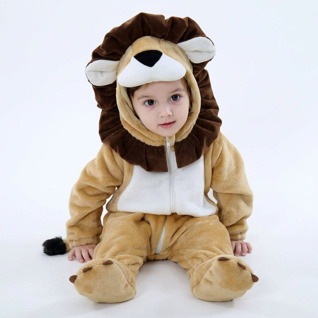 Beige baby lion romper featuring a dark brown mane and white chest panel