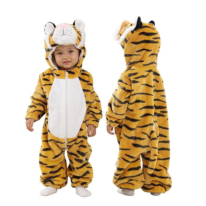 Orange-yellow baby tiger romper with black stripes and a white front panel