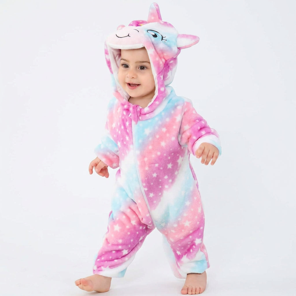 Pink and blue baby unicorn romper with a cute animal-face hood