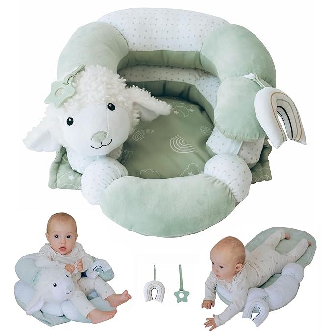 Newborn and toddler play mat with seated support and toys for early learning