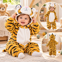 Front view of a cosy animal jumpsuit with a hood and central zipper