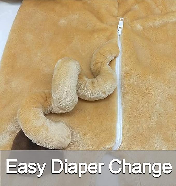 Front view of a cosy hooded animal jumpsuit with central zipper