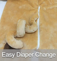 Front view of a cosy hooded animal jumpsuit with central zipper