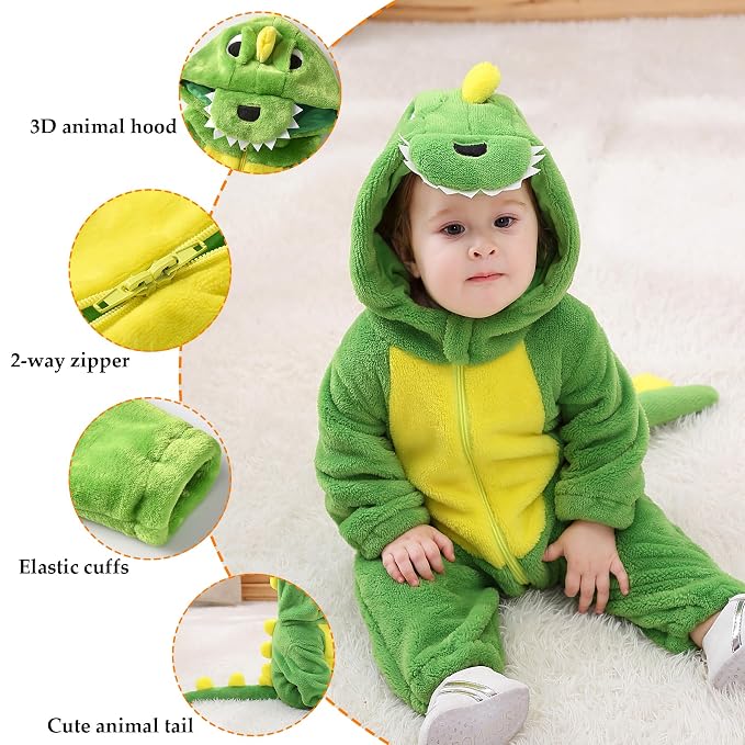 Front view of a cosy infant costume with long sleeves and zipper