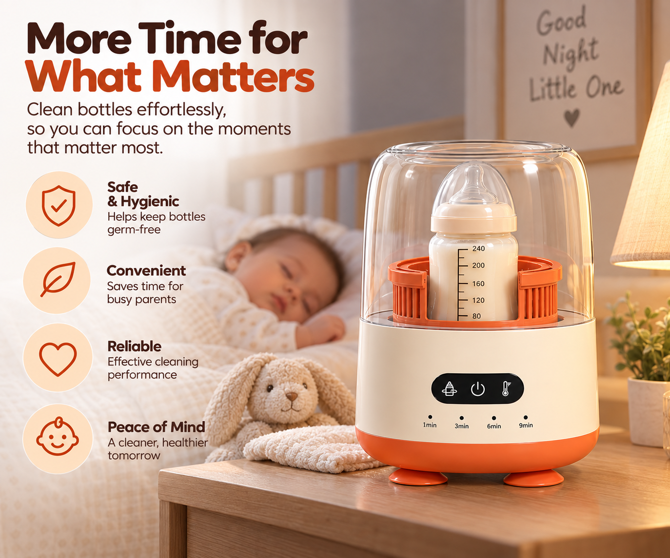 Newborn bottle sterilizer machine with compact countertop design