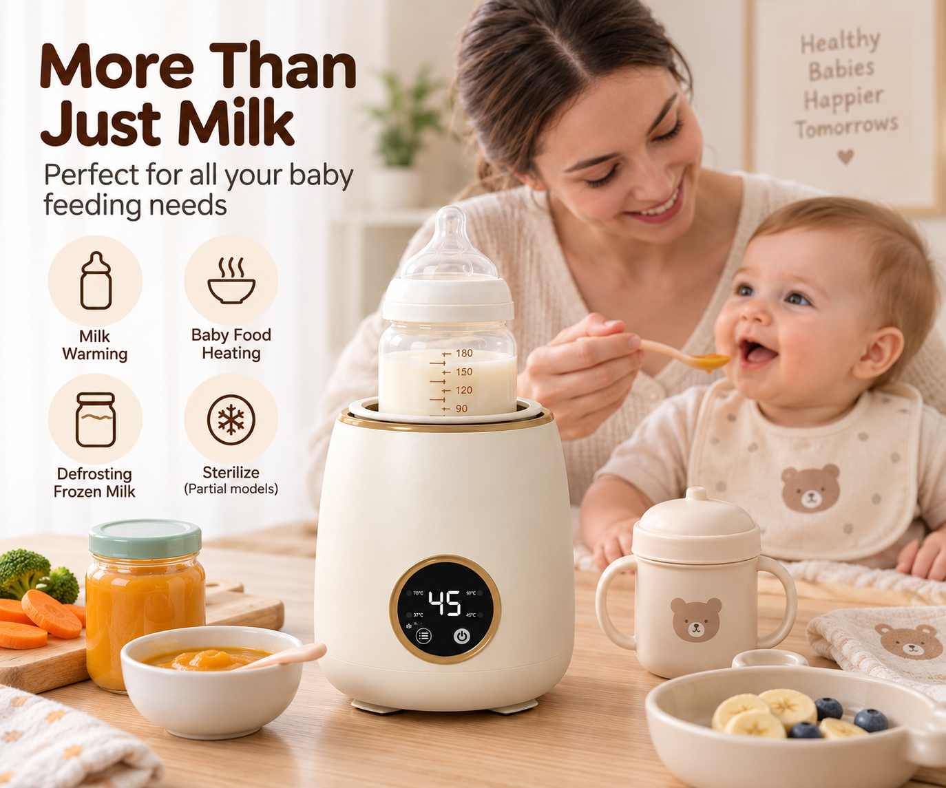 Newborn feeding bottle warmer with compact countertop design and digital display