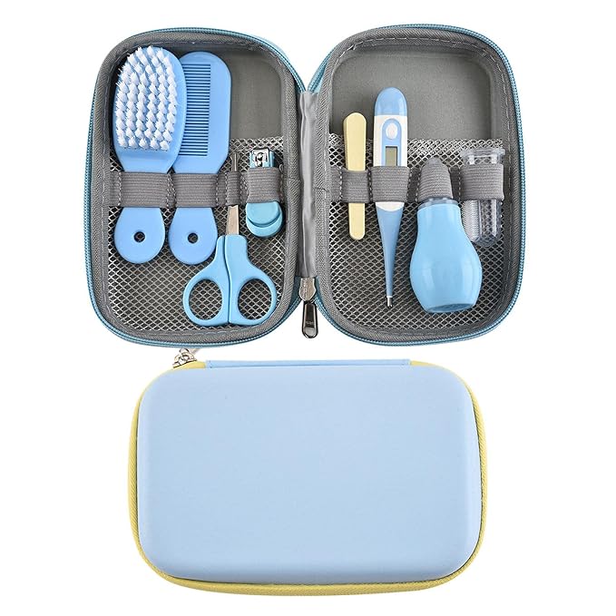 Newborn grooming kit with organized baby care accessories in a zippered case