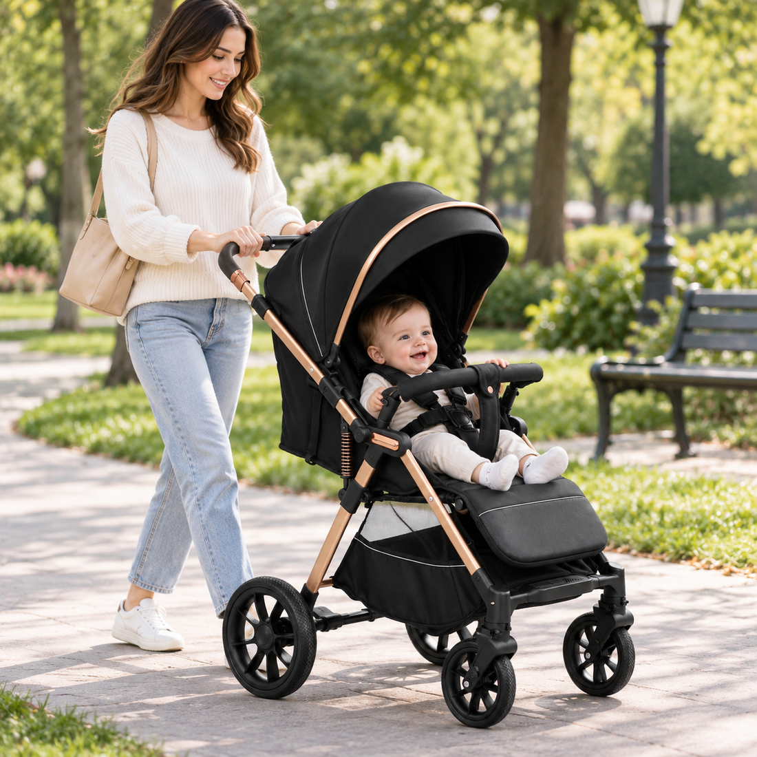 Newborn pram shown in folding configuration for convenient transportation