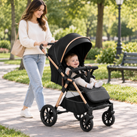 Newborn pram shown in folding configuration for convenient transportation