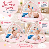 Newborn sensory play gym with colorful soft toys for reaching and grasping