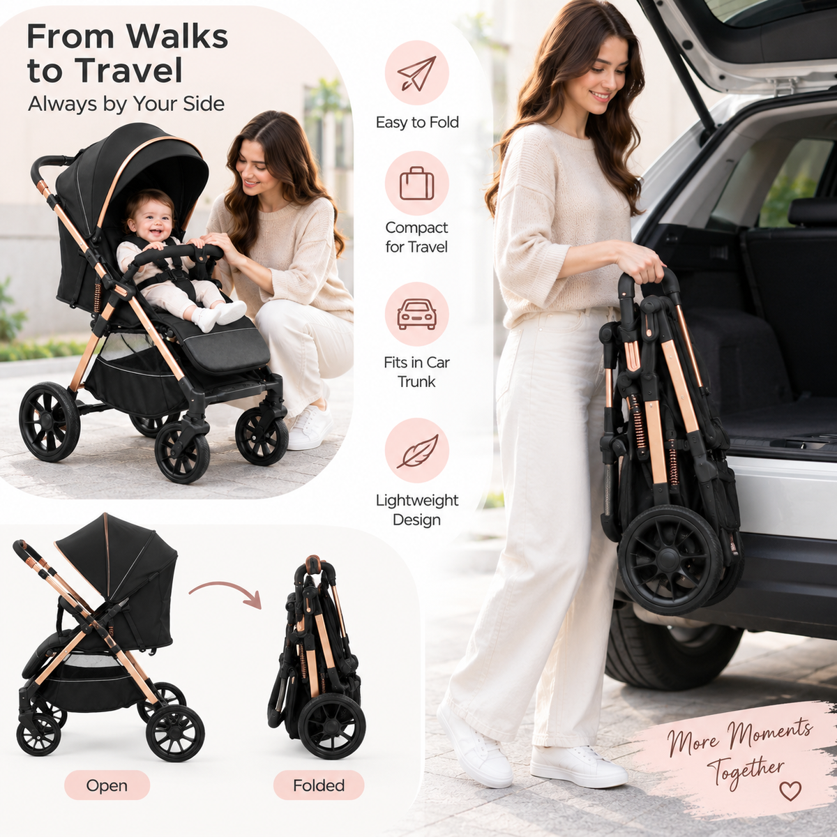 Newborn stroller featuring spacious lower basket for carrying baby essentials