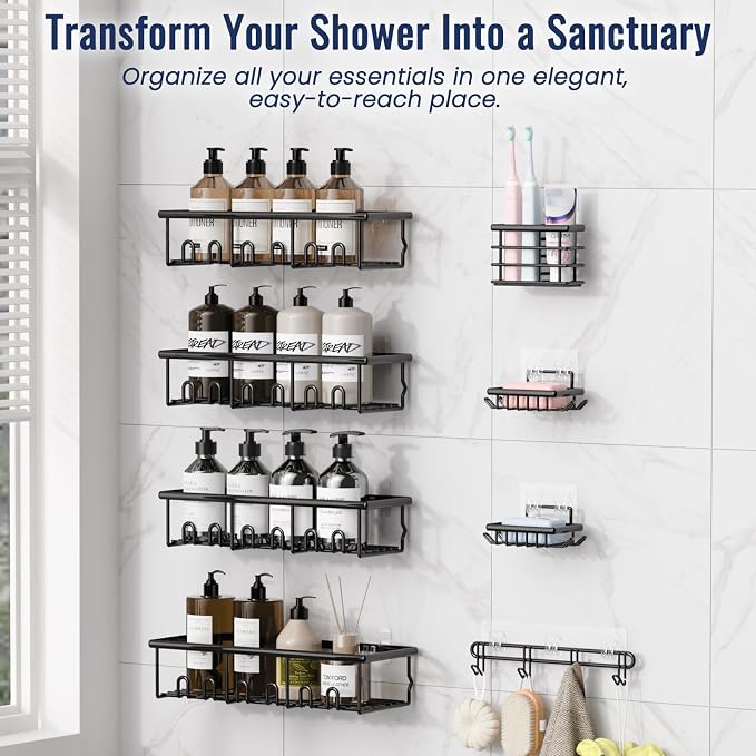 No-drill bathroom shower organizer with wall-mounted storage shelves