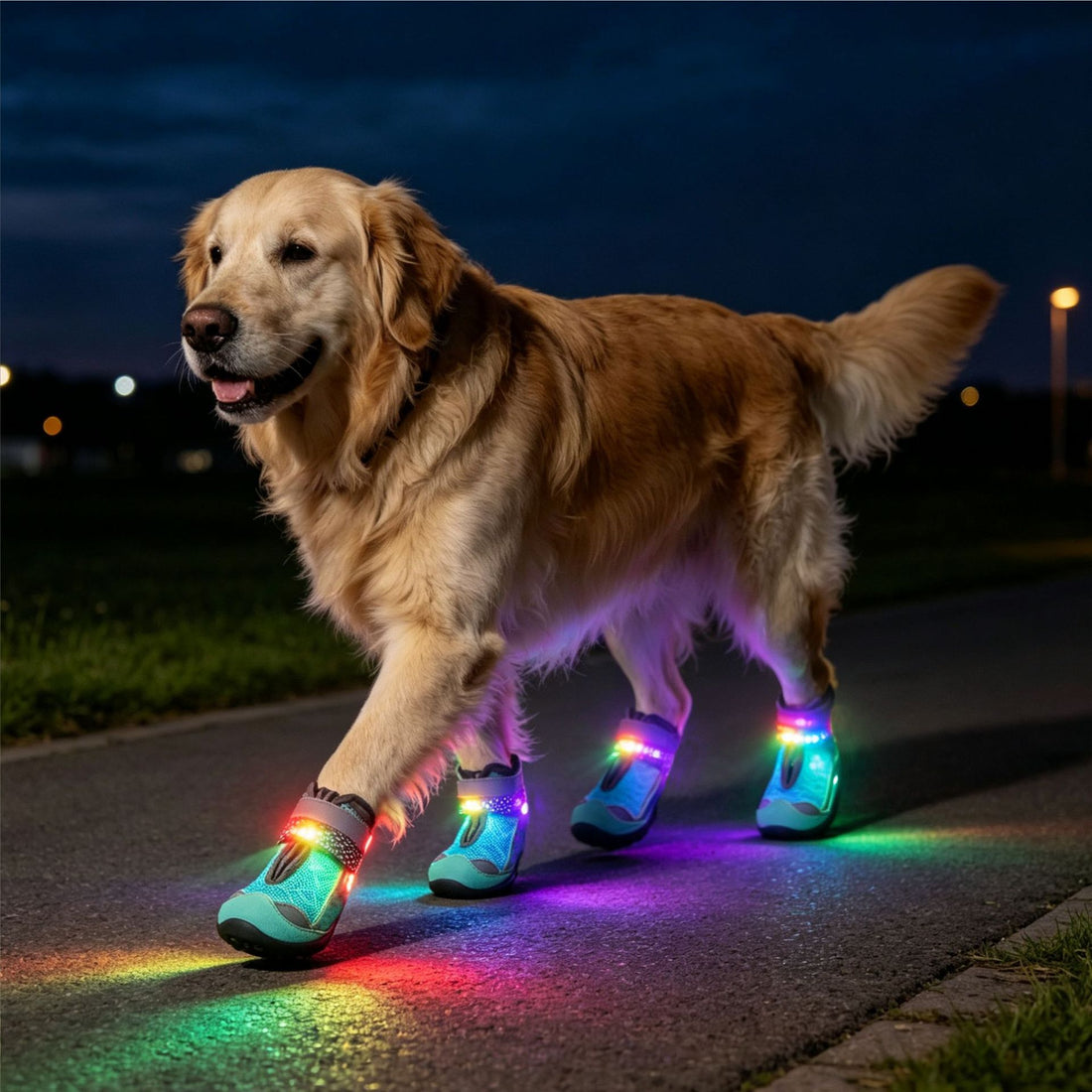 Non-slip LED dog boots with illuminated design for outdoor walks