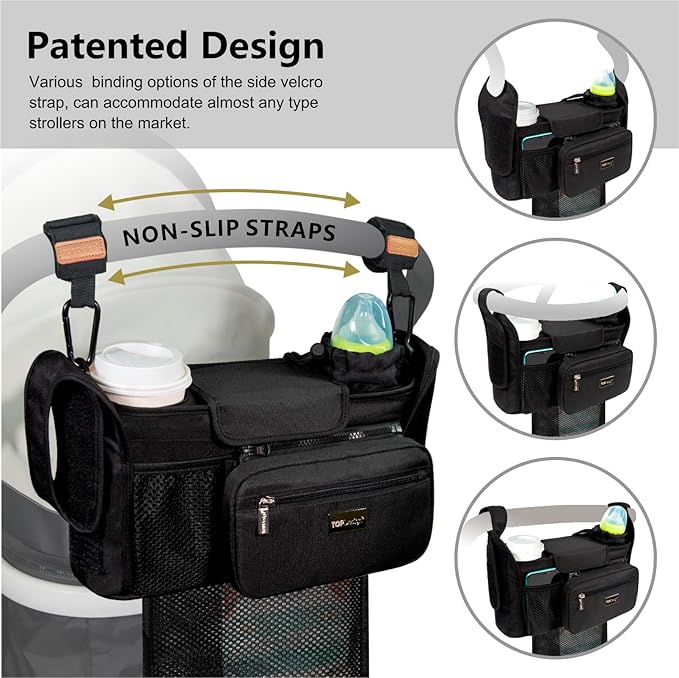 Pair of heavy-duty black non-slip hooks attached to a stroller frame