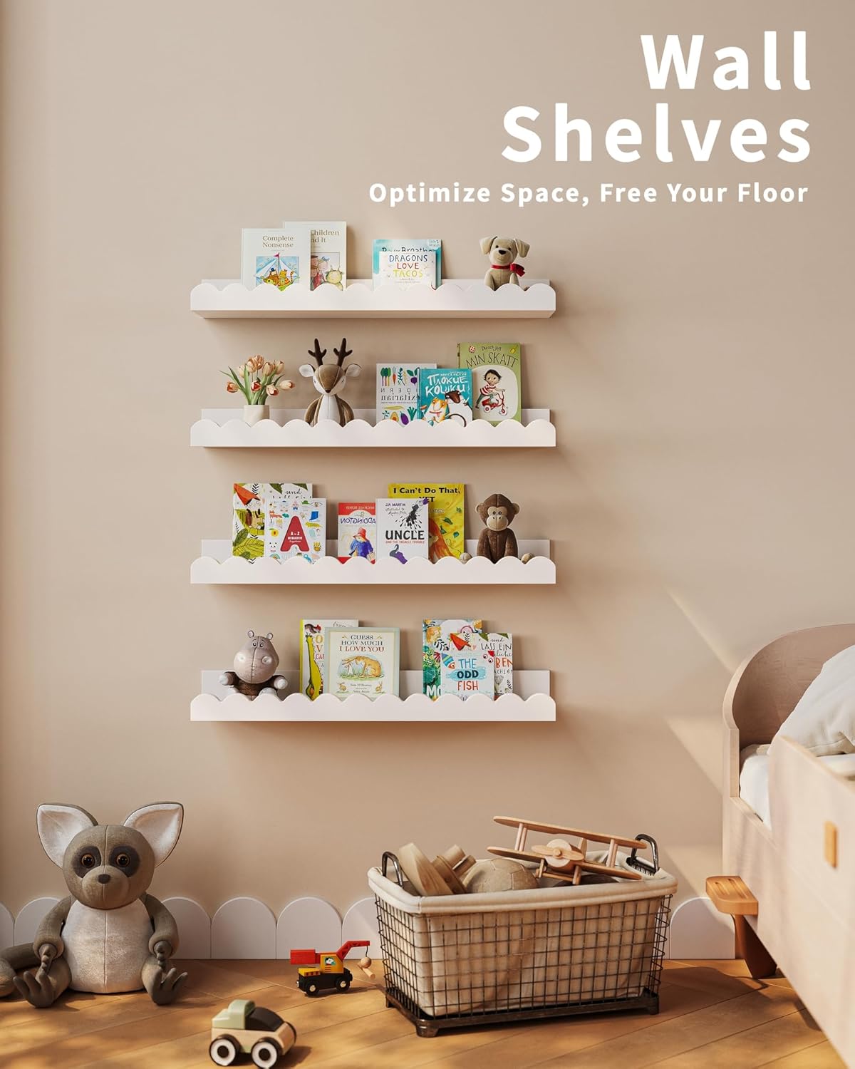 Nursery Wall Shelves for Displaying Baby Books and Toys in Organized Way