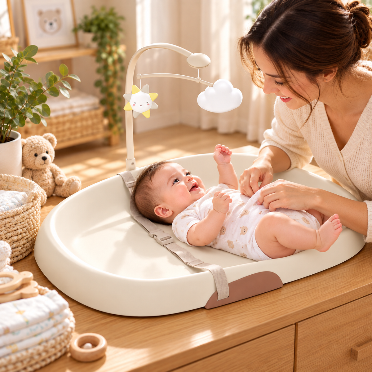 Nursery diaper change essentials arranged together for convenient infant care