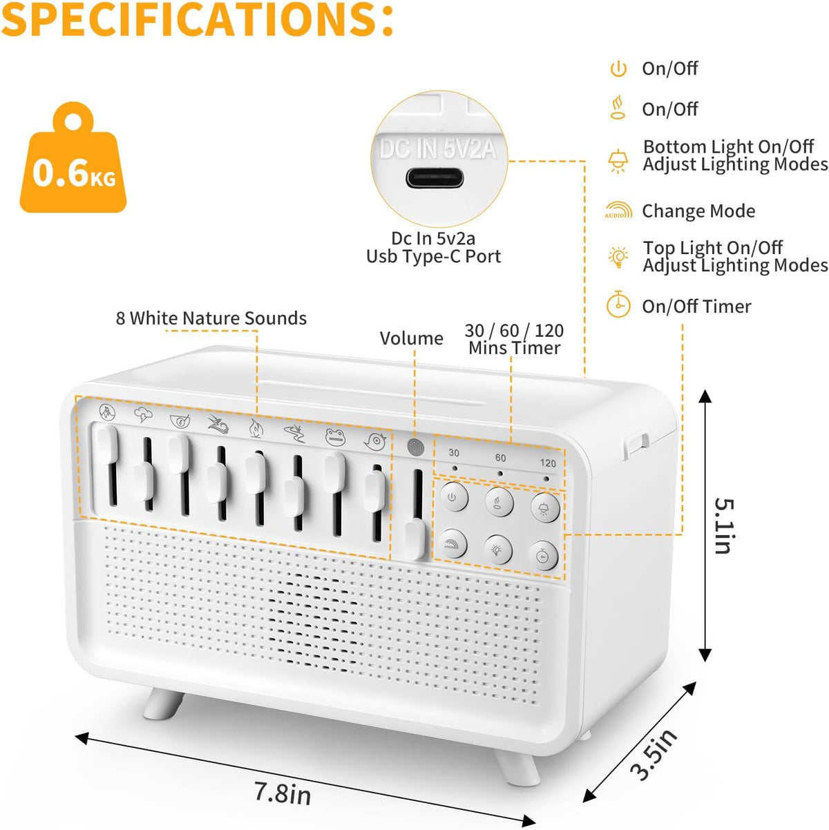 White noise machine with its integrated night light illuminated in a bedroom setting.