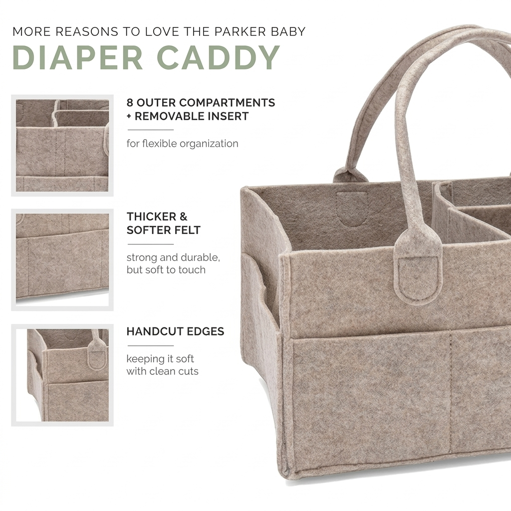 Woven storage bin filled with nappies wipes and baby bottles in a modern nursery