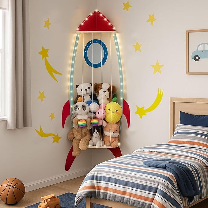 Nursery wall storage organizer, fabric pockets for organizing stuffed animals and baby essentials.