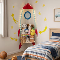 Nursery wall storage organizer, fabric pockets for organizing stuffed animals and baby essentials.