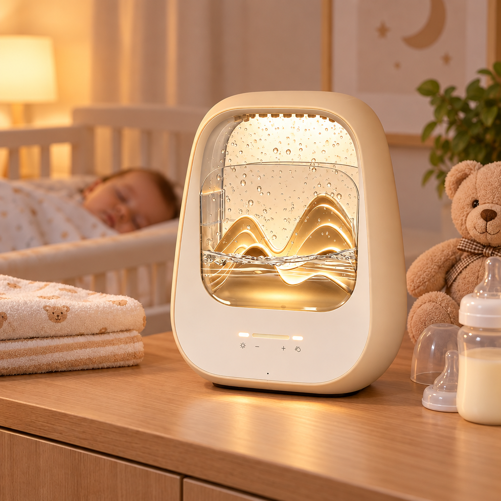 Nursery sound machine featuring decorative flowing water design for bedtime use