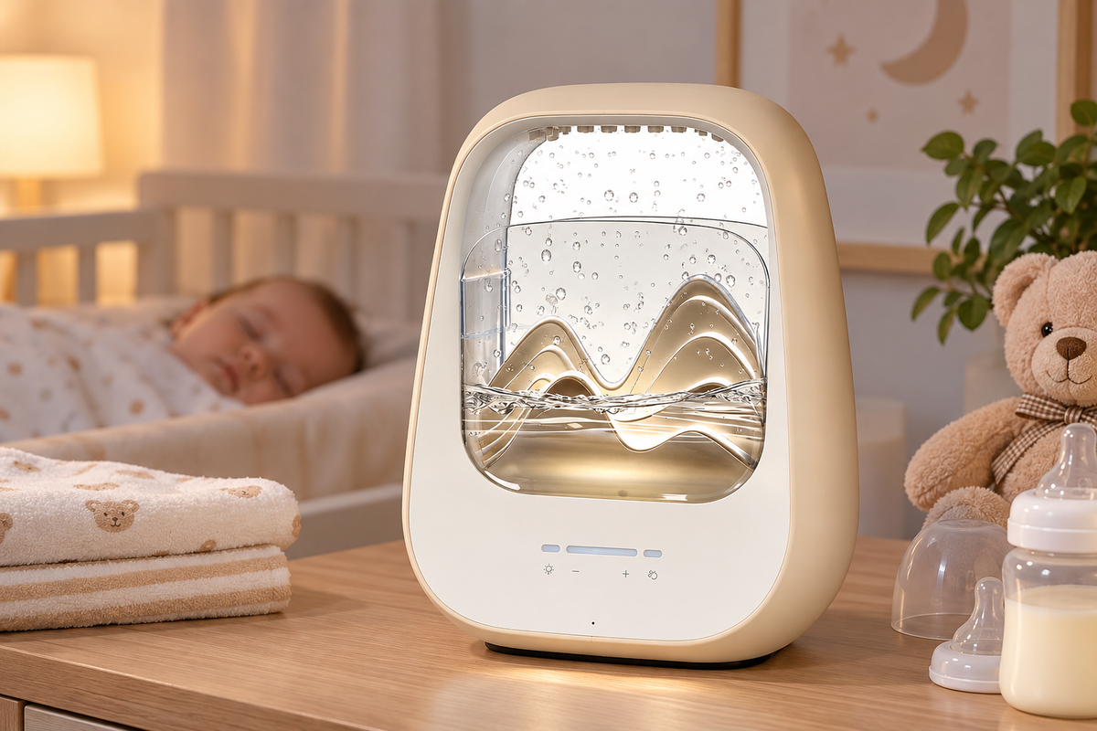 Nursery sound machine featuring decorative flowing water design for bedtime use