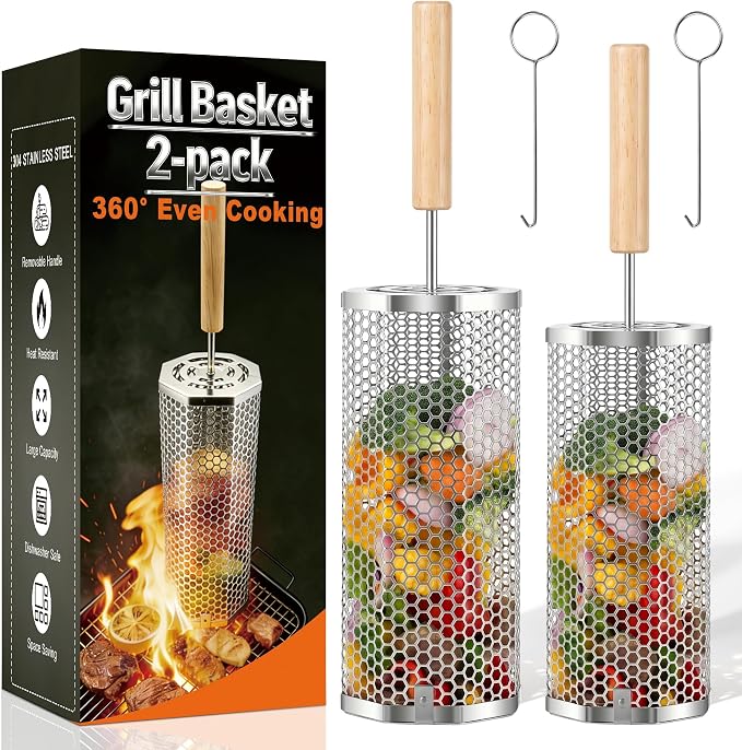2-piece octagonal rolling grill basket set