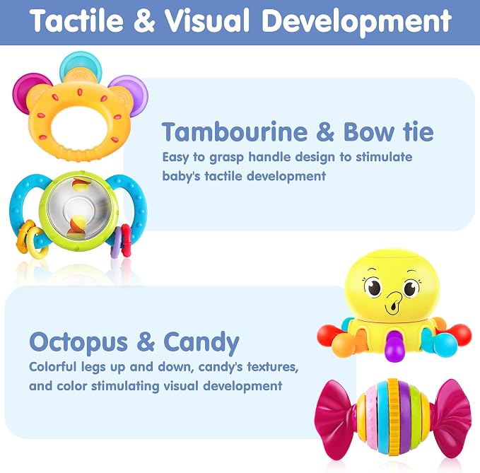 Yellow octopus-shaped baby play toy with large cartoon eyes and multicoloured rounded arms.