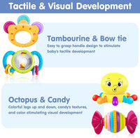 Yellow octopus-shaped baby play toy with large cartoon eyes and multicoloured rounded arms.