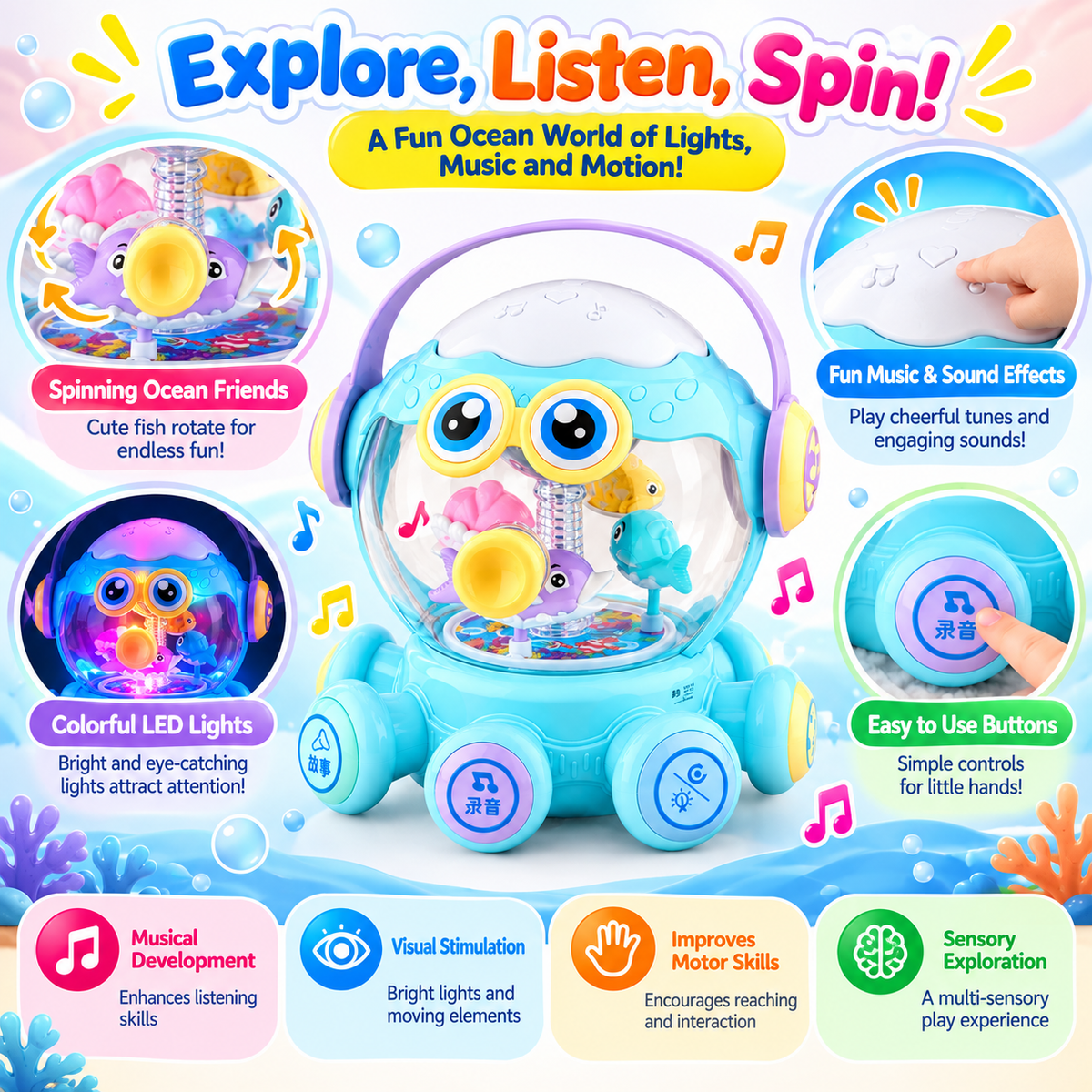 Front view of an electronic octopus carousel toy with drum-style play features.