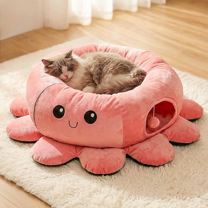 Cat resting inside octopus plush tunnel bed for indoor use