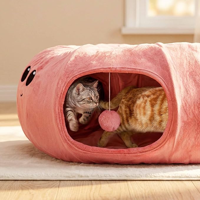 Side view of plush tunnel-style cat and small dog nest