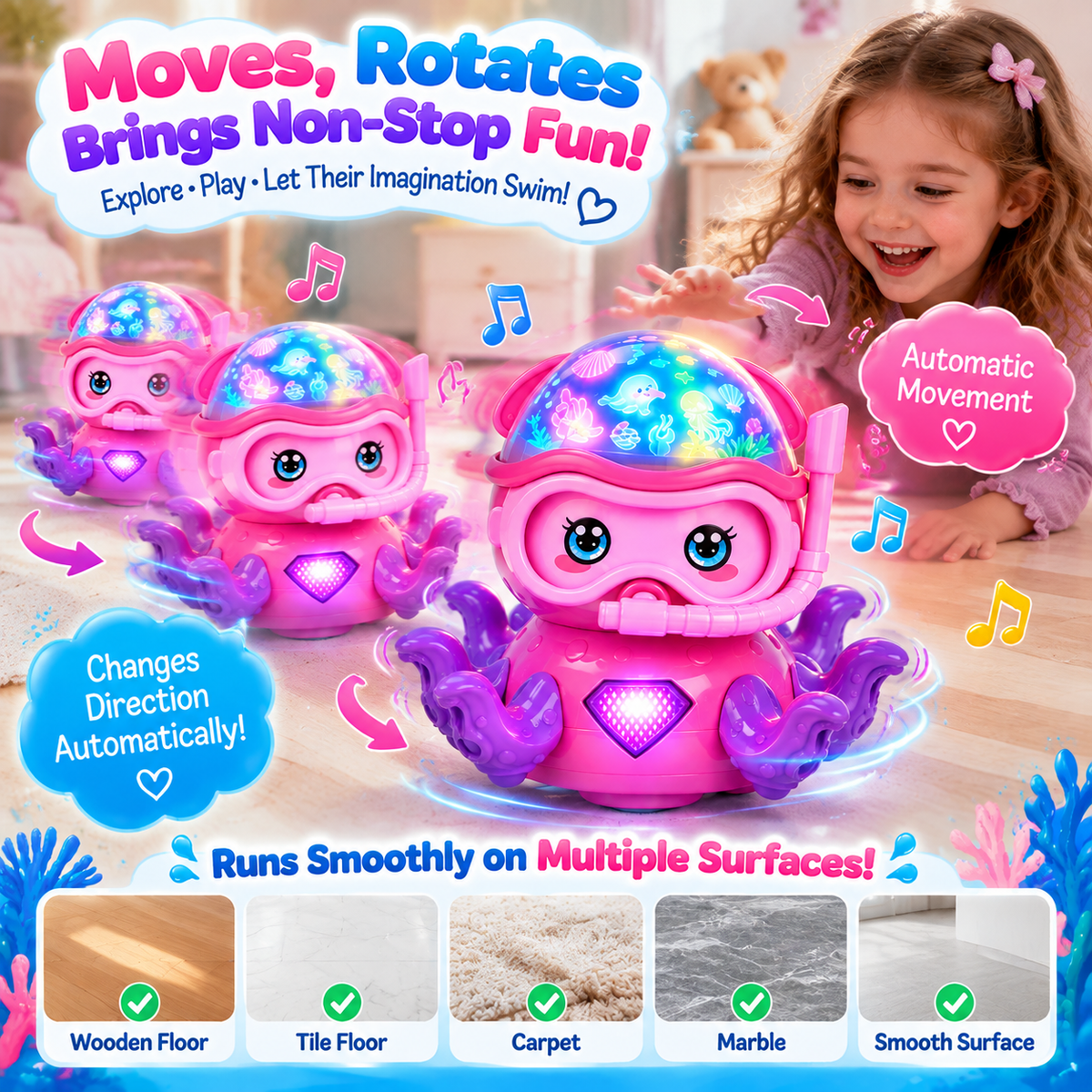 Octopus dance toy with colorful light effects
