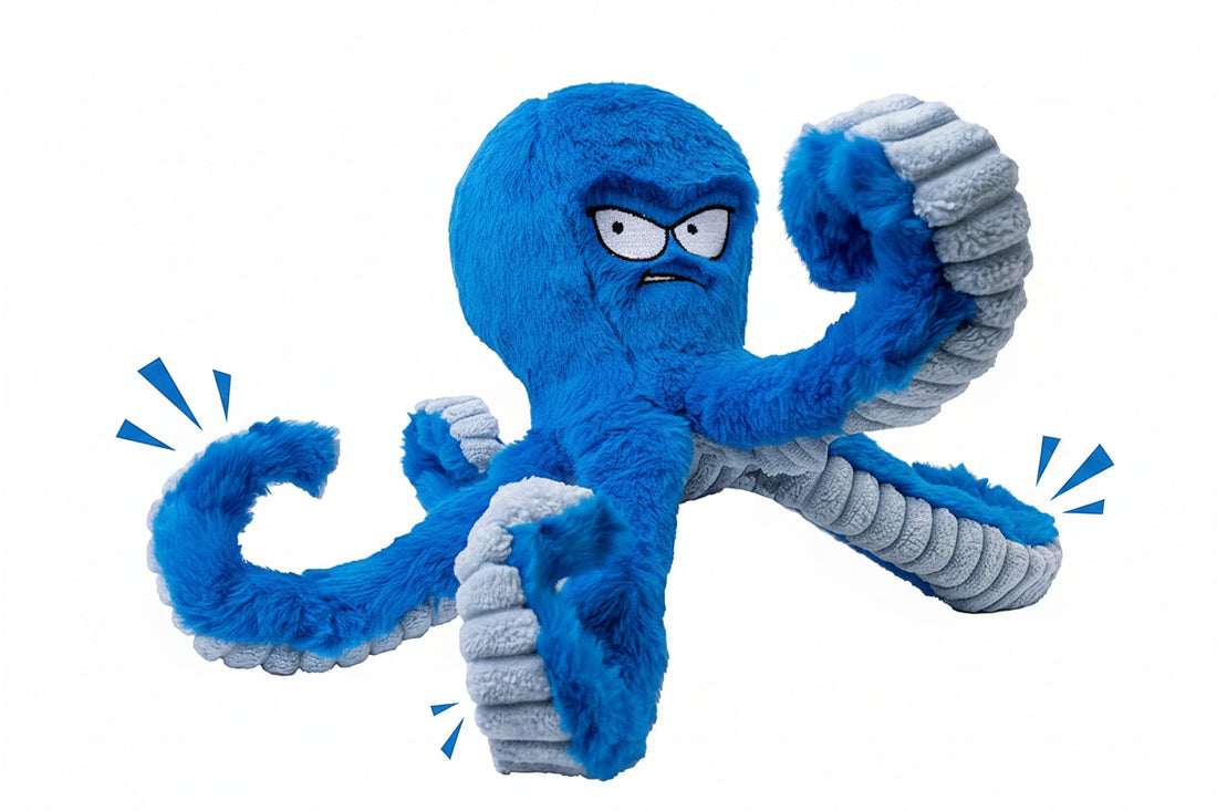 Front view of a blue octopus plush dog toy