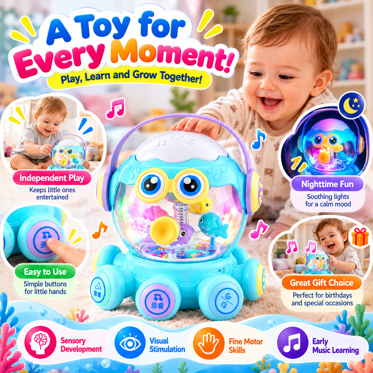 Octopus toy for babies featuring a rotating musical carousel and interactive drum design.