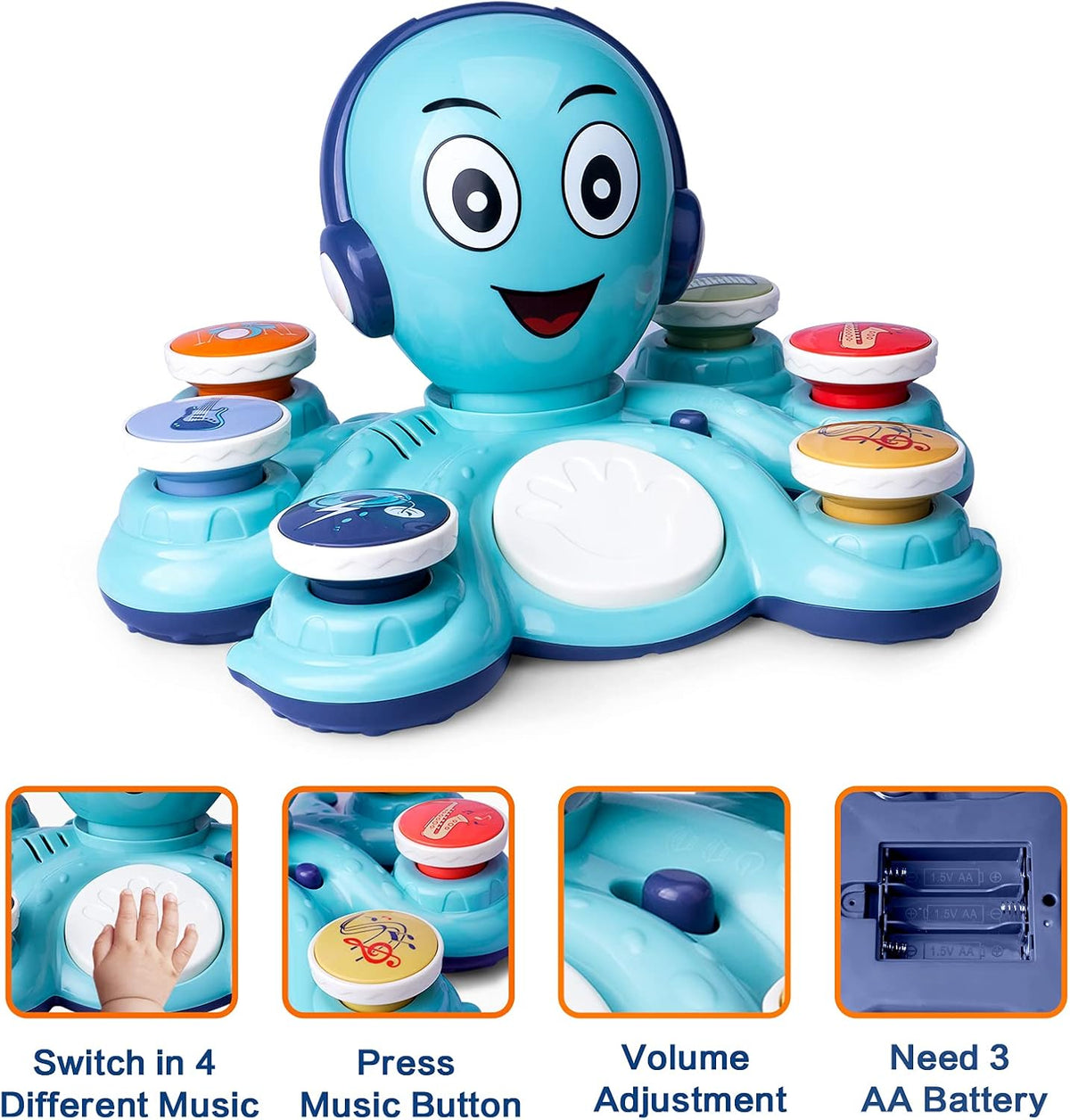 Octopus toy with built-in sound effects and interactive music features.