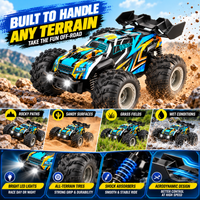 Off-road RC car featuring a monster truck design and compact 1:18 scale structure.
