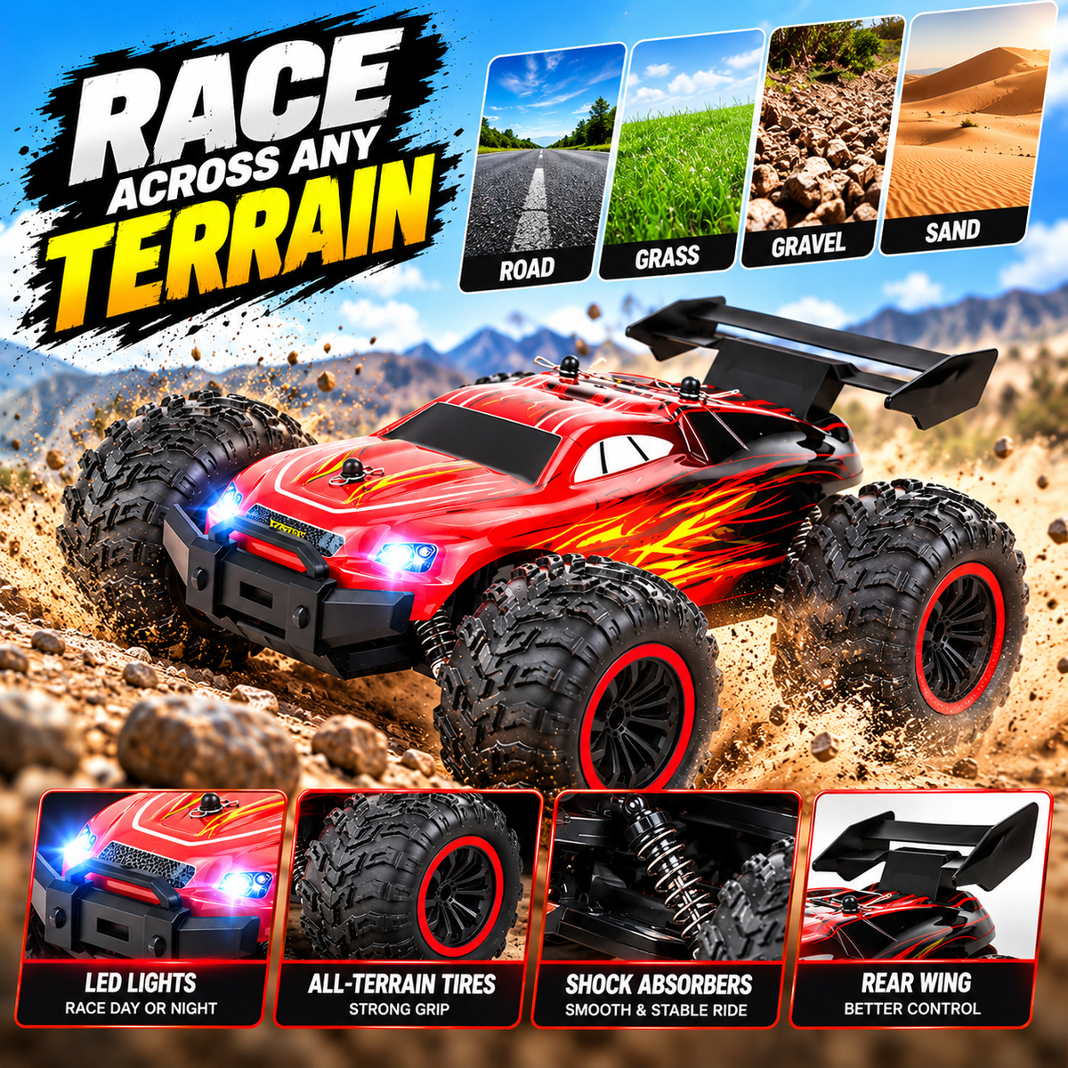 Off-road RC monster truck positioned on a suitable driving surface.