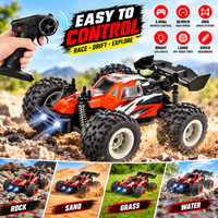 Off-road remote control racing truck featuring large wheels and detailed vehicle styling.