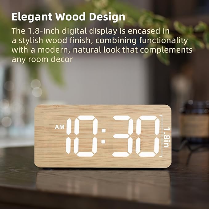 Office desk wooden digital alarm clock with modern display