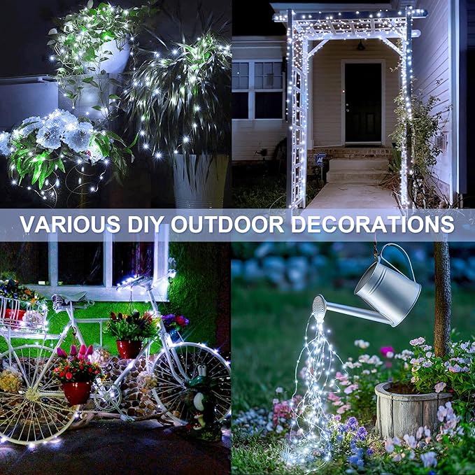 Solar fairy lights with 8 lighting modes including steady, flash, and twinkle for decorative use
