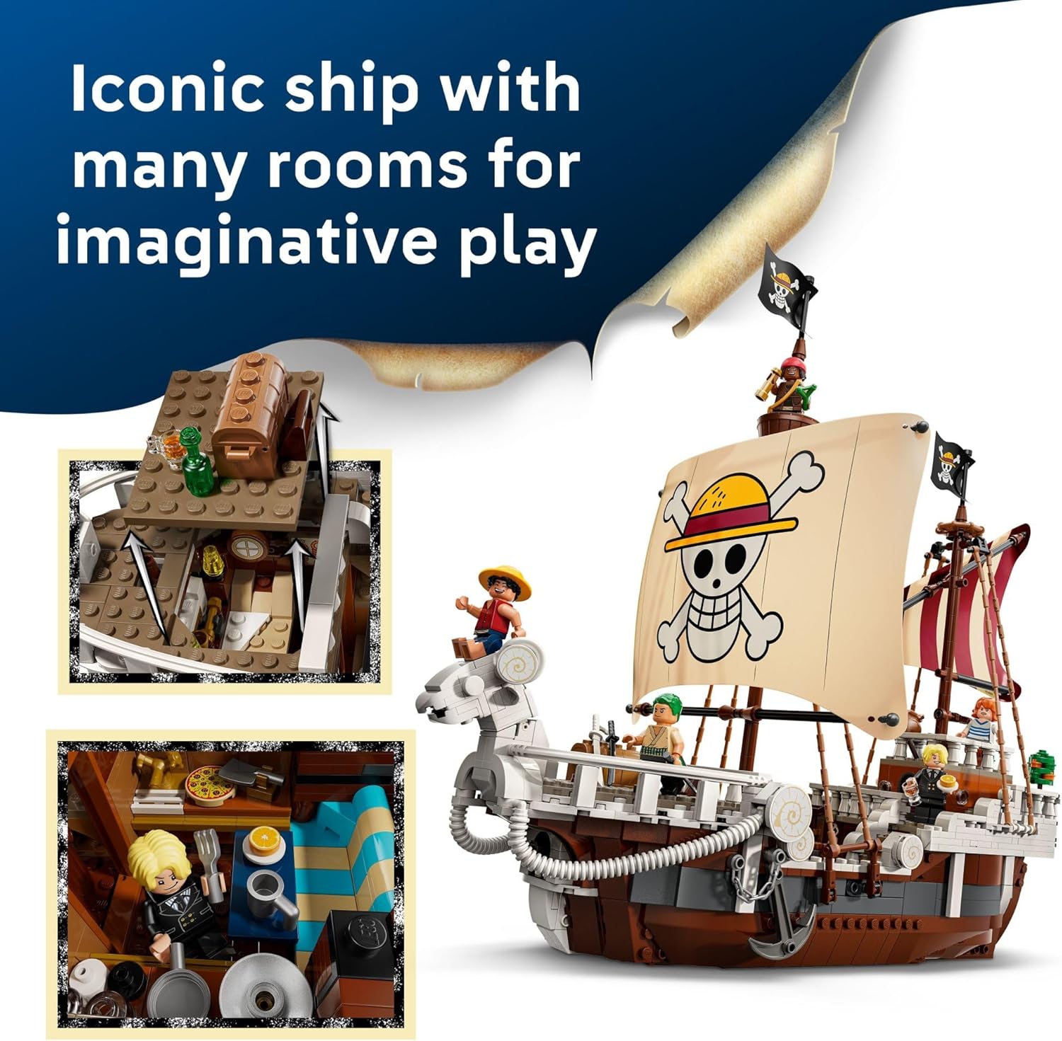 One Piece building blocks set with Straw Hat crew and detailed pirate ship model
