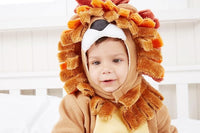Close-up of the layered orange and dark brown fabric surrounding the lion hood.