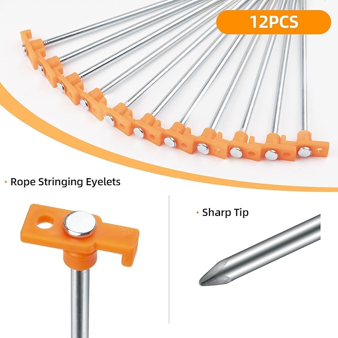 Orange ground stakes for high visibility camping setup