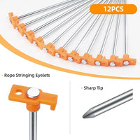 Orange ground stakes for high visibility camping setup