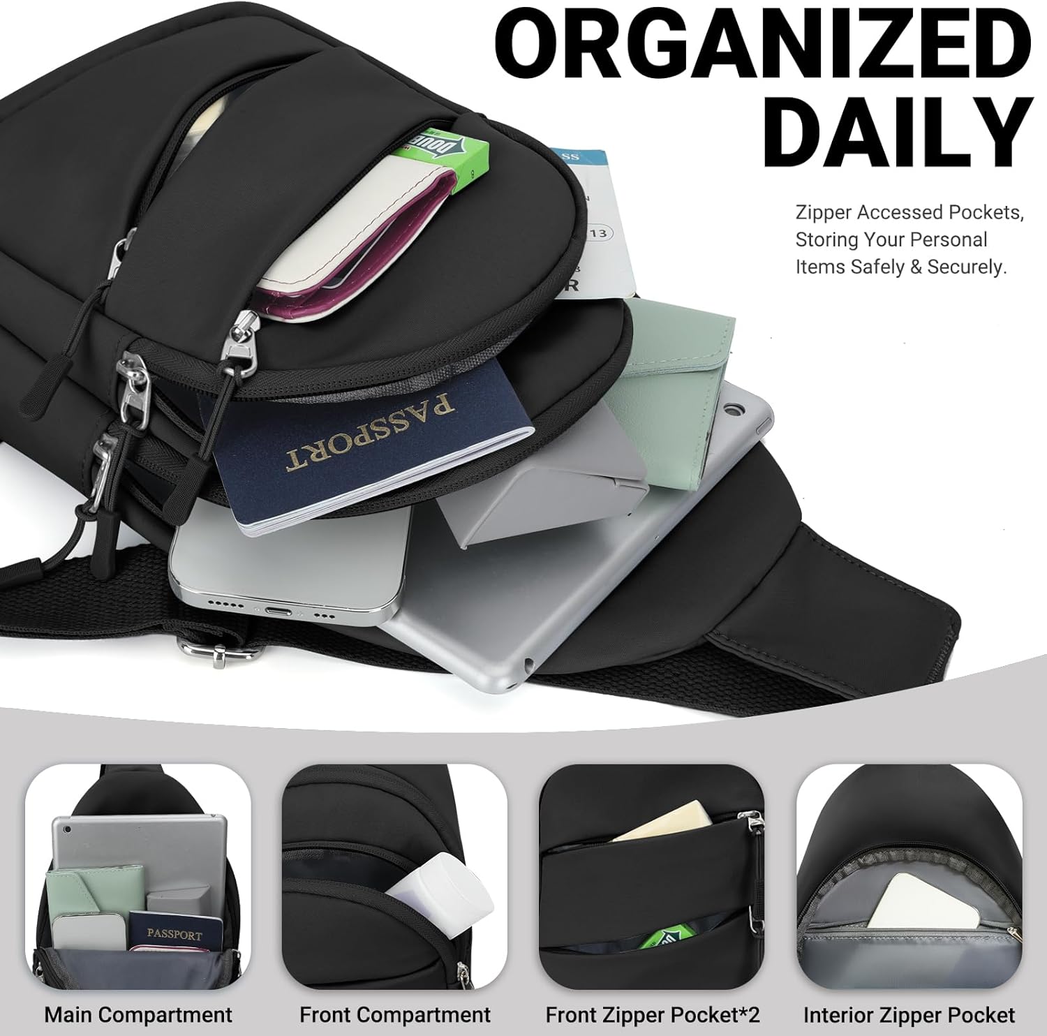 Outdoor anti theft chest bag with zipper pockets