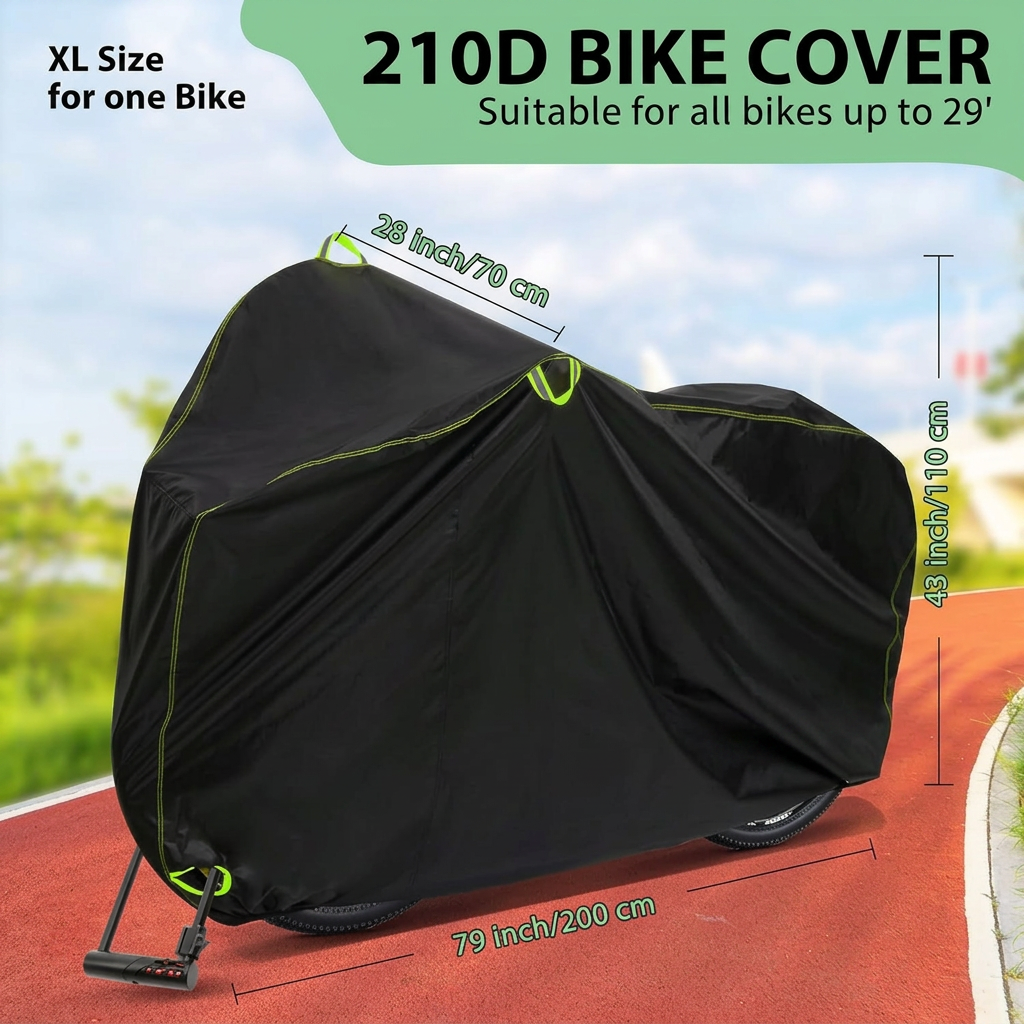 Outdoor bicycle cover protecting bike from rain sun and dust