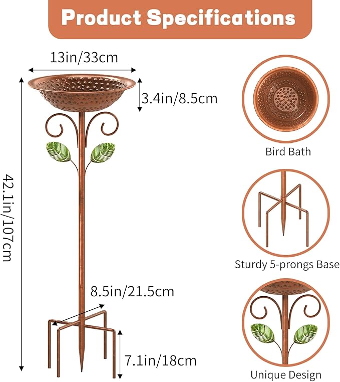 durable freestanding outdoor bird bath with 5-prong base stake